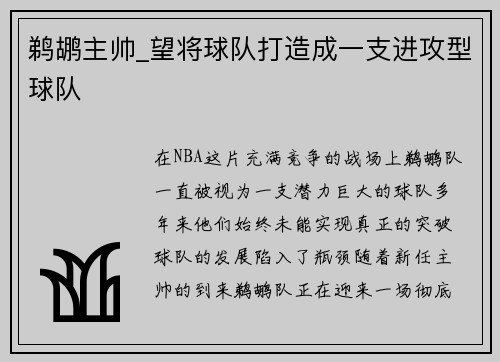 鹈鹕主帅_望将球队打造成一支进攻型球队